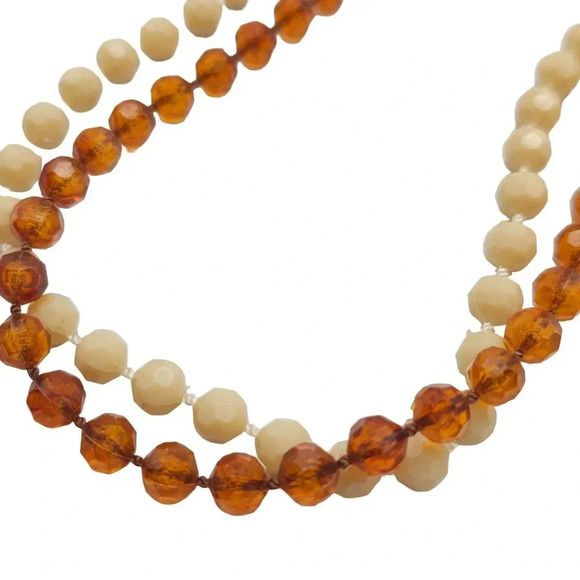 Flapper Cream Amber Orange Faceted Acrylic Beaded Multi-Strand Necklace Vintage - Picture 5 of 7